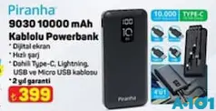 PİRANHA 9030 10000 MAH KABLOLU POWERBANK PİRANHA 9030 10000 MAH KABLOLU POWERBANK